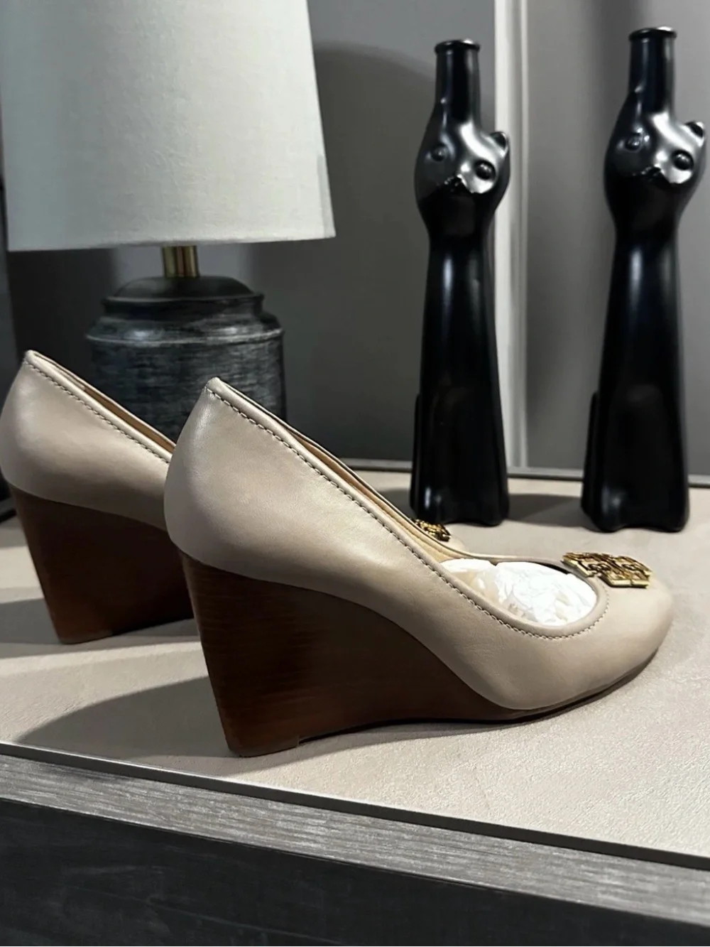Tory Burch Taupe Leather Wedge Pumps with Gold Logo Accent
